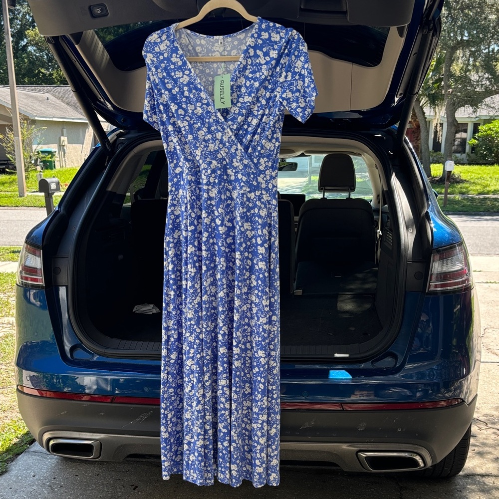 Auselily Chic Blue Floral Maxi Dress